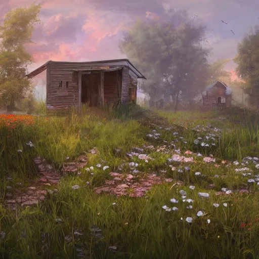 Image similar to a matte painting of a midwestern countryside, shack close up, very overgrown, patchy flowers, oil painting, pale colors, high detail, 8 k, wide angle, trending on artstation,