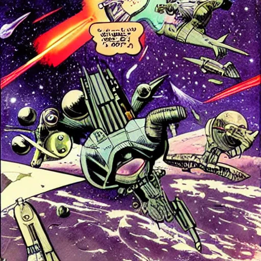 Image similar to space opera battle, art by wally wood