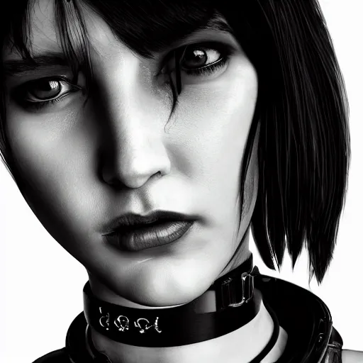 Prompt: detailed realistic female character cyberpunk wearing steel collar around neck, realistic, art, beautiful, 4K, collar, choker, collar around neck, punk, artstation, detailed, female, woman, choker, cyberpunk, punk, collar, choker, collar around neck,