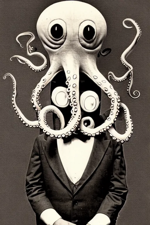 Image similar to anthropomorphic octopus , wearing a suit, tentacles spilling out of the collar, vintage photograph, sepia