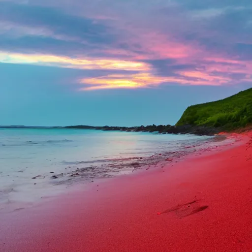 Image similar to purple refrigerator on red sand beach, green ocean and nebula sunset