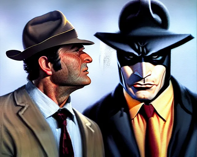 Image similar to detective columbo meets batman, realistic, oil painting, hq scan, artstation trending