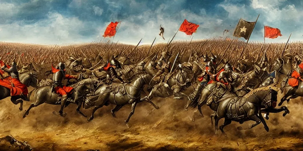 Image similar to medieval battlefield filled with cavalry fleeing from monster trucks