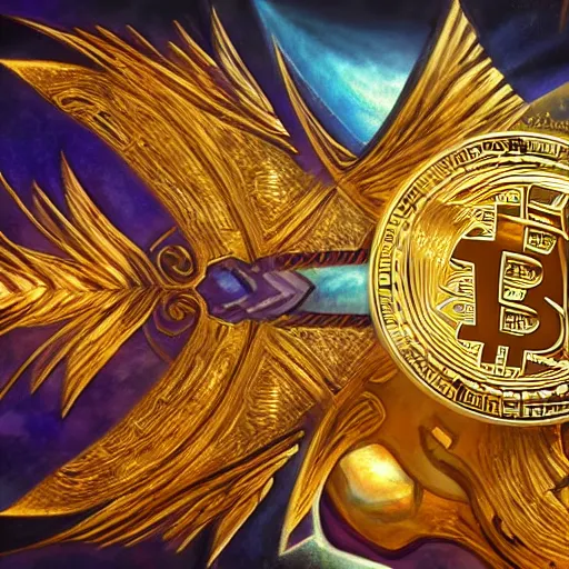 Image similar to a bitcoin art, thick golden bitcoin, hearthstone art style, epic fantasy style art, fantasy epic digital art, epic fantasy card game art