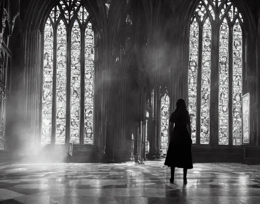 Image similar to a highly detailed unreal engine symmetric portrait of a gothic girl in a richly decorated church with a wet floor and light coming in through the stained windows, bokeh, tilted frame, henry cartier bresson