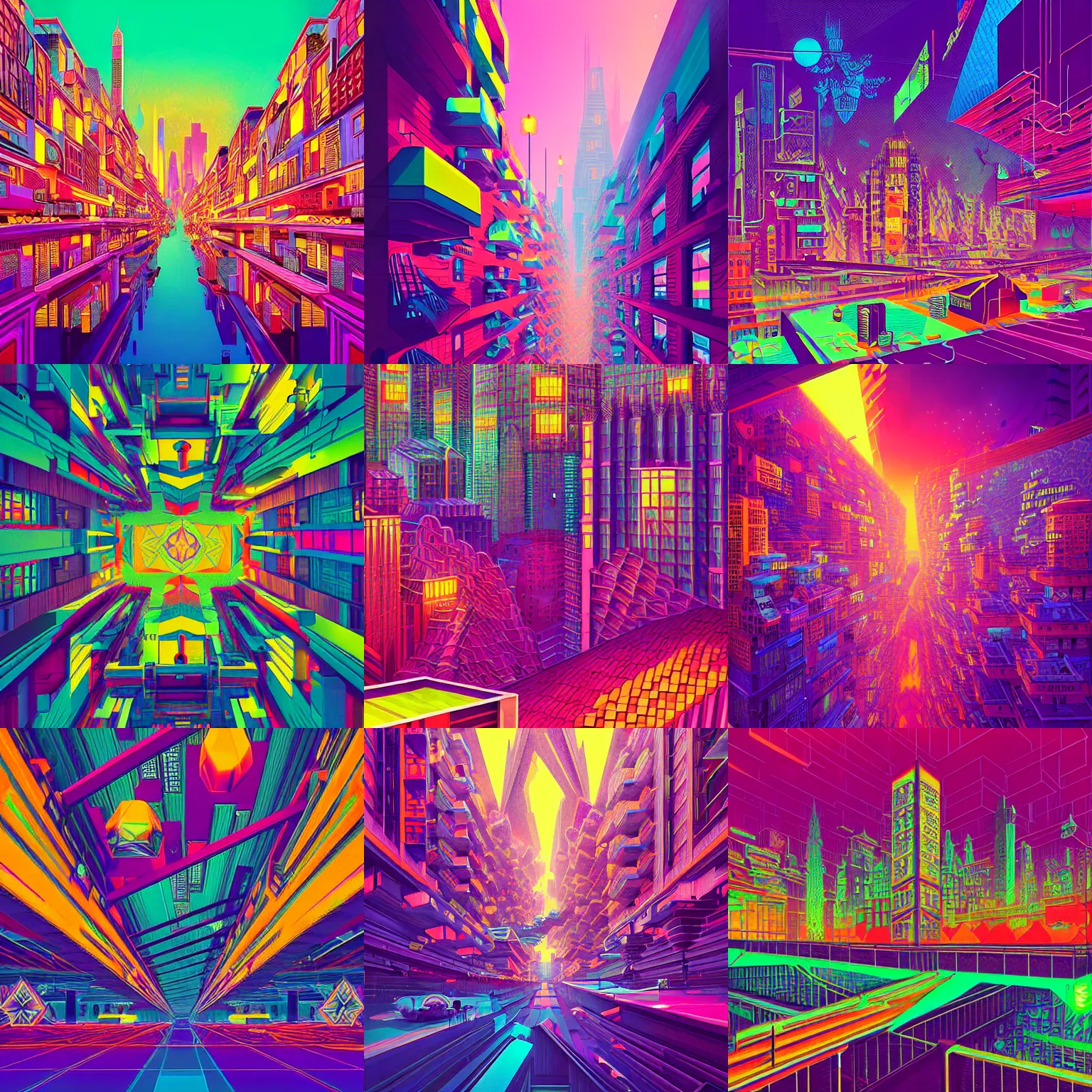 Prompt: neon tessellating escher city cityscape by alena aenami, petros afshar, anato finnstark, peter max, mucha
