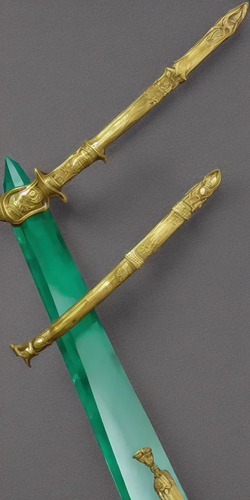 Image similar to photograph of a wide green and teal crystal sword with a big gold sword hilt