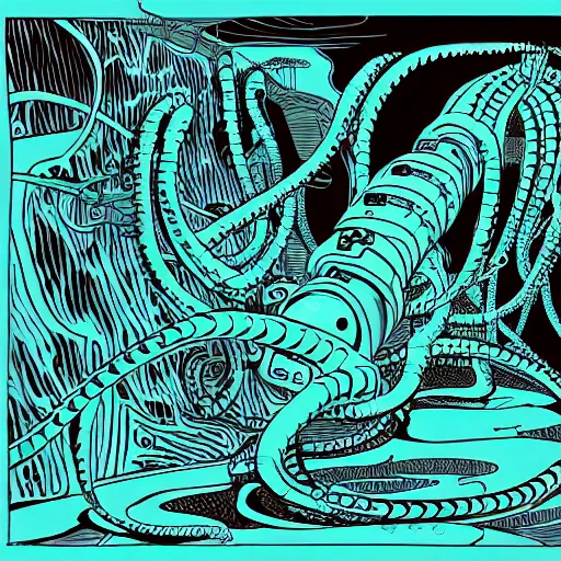 Image similar to detailed, intricate, colour, comic style illustration of a robotic hydra with jack cable tentacles, inside a huge cave made of pro audio equipment