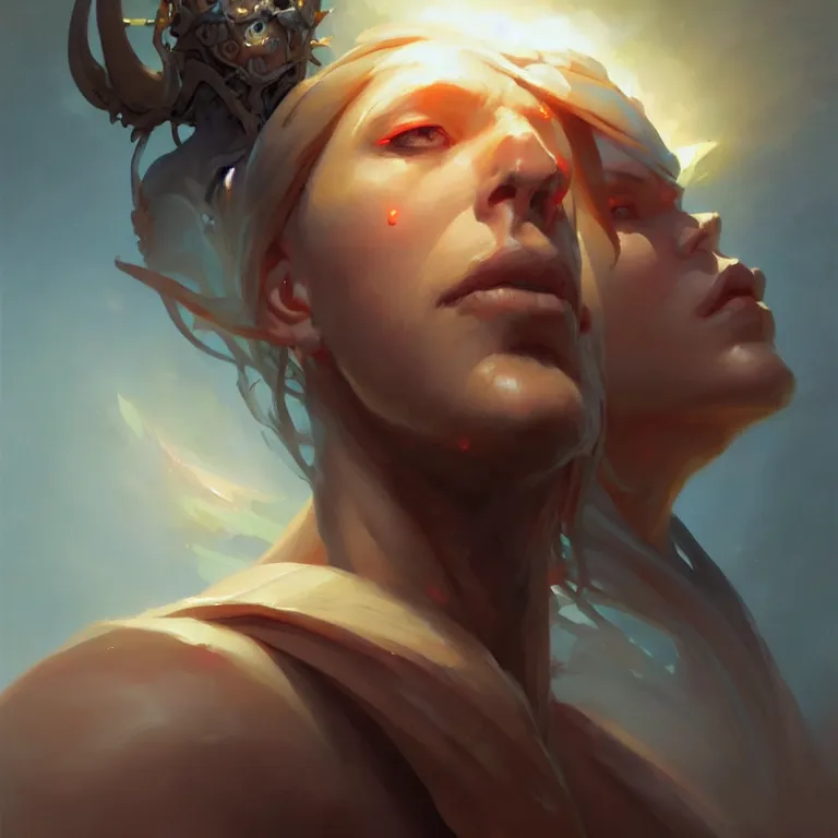 Prompt: a portrait of a stunning humanoid, by mandy jurgens and pete mohrbacher and greg rutkowski, in frame, low angle, detailed facial features, fantasy, d & d