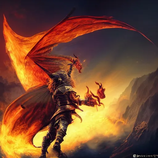Prompt: An ultra high-resolution 8K full-canvas scan of a warrior facing a dragon which is blowing fire towards a cloudy sky , fine art, trending, featured, 8k, photorealistic, dynamic, energetic, lively perspective, well-designed masterpiece, hyper detailed, unreal engine 5, IMAX quality, cinematic, epic lighting, light and shadow, ocean caustics, digital painting overlaid with aizome patterns, by Ohara Koson and Thomas Kinkade, traditional Japanese colors, superior quality