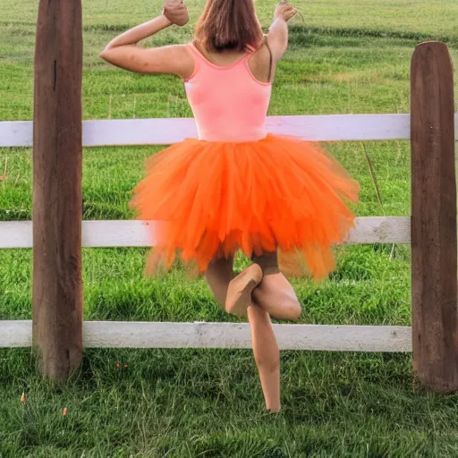 Image similar to a carrot in a tutu dancing the macarena on a wooden fence pole with pasture in the background