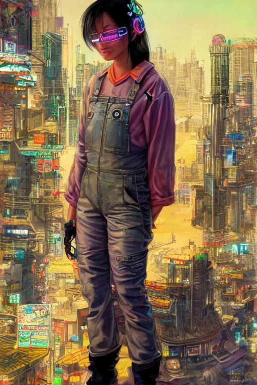 Image similar to a full body illustration of an asian female cyberpunk character wearing dungarees, highly detailed, oil on canvas, soft lighting, neon pastel colors, by Glenn Fabry, by Greg Staples, by Jean Giraud, HD, 4K