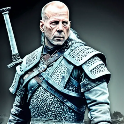 Prompt: bruce willis as the witcher