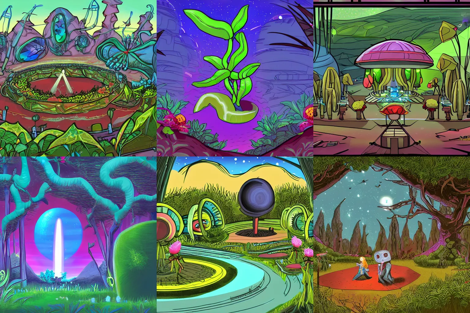 Prompt: concert art, in a park in a small town on an alien planet, with strange alien plants and flowers, from a space themed Serria point and click 2D graphic adventure game, made in 2019, digital art