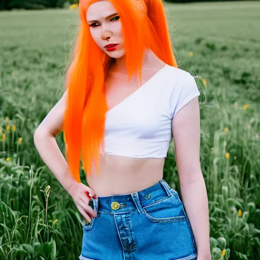 Image similar to misty from pokemon, orange hair in a side ponytail, wearing a yellow shiort sleeved crop top, blue denim short shorts with red suspenders on top, standing in a field, by gottfried helnwein, dslr full body portrait, sigma 8 5 mm f 1. 8