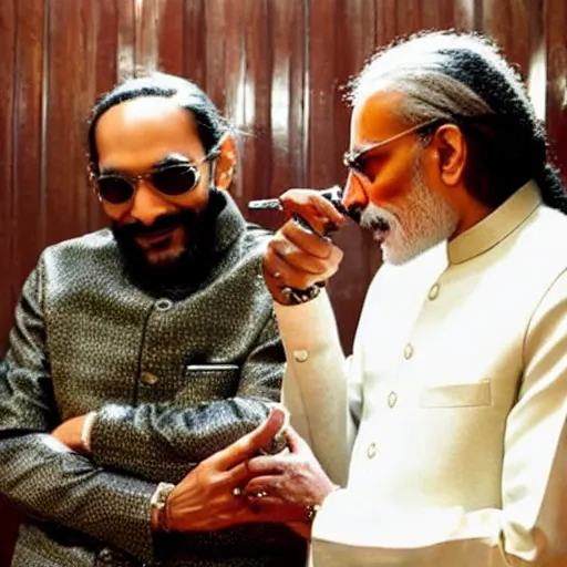 Image similar to narendra modi smoking with snoop dogg in a well lit room, nice vibe