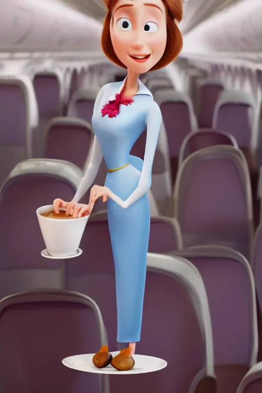 Prompt: portrait of female flight attendant standing up and holding one white teacup with airplane seats in background, full body. pixar disney 4 k 3 d render funny animation movie oscar winning trending on artstation and behance, ratatouille style