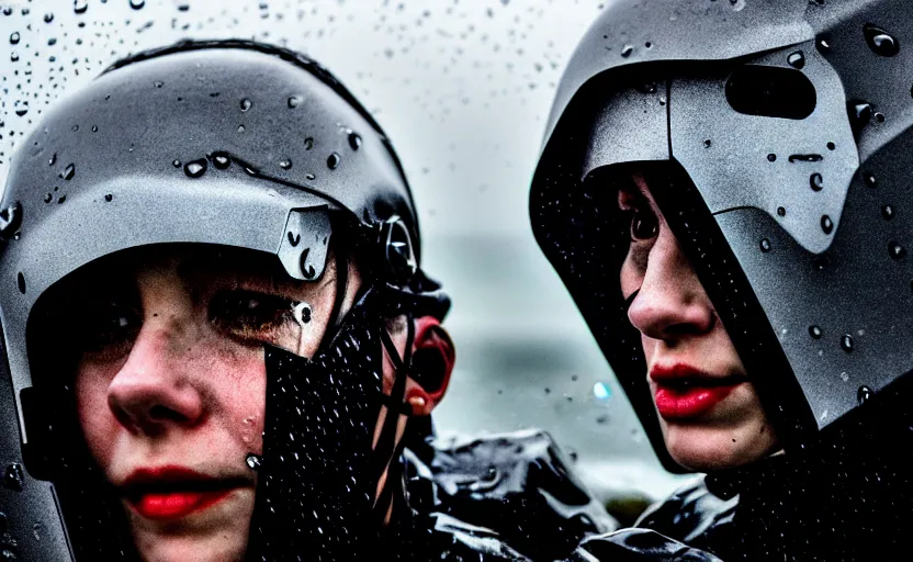 Prompt: cinestill 5 0 d candid photographic portrait by helen levitt of two cyborgs wearing rugged white mesh techwear in treacherous waters, extreme closeup, modern cyberpunk moody depressing cinematic, pouring rain, 8 k, hd, high resolution, 3 5 mm, f / 3 2, ultra realistic faces, ex machina