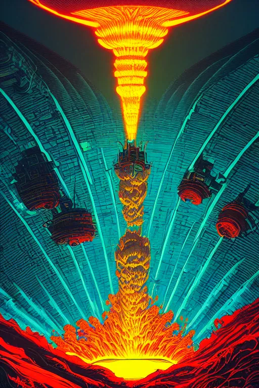 Image similar to artwork by kilian eng and dan mumford and toshi yoshida and franklin booth showing a futuristic powerstation!! in front of a ( ( exploding volcano ) ), vintage scifi, high details, dramatic lightning,, 8 k