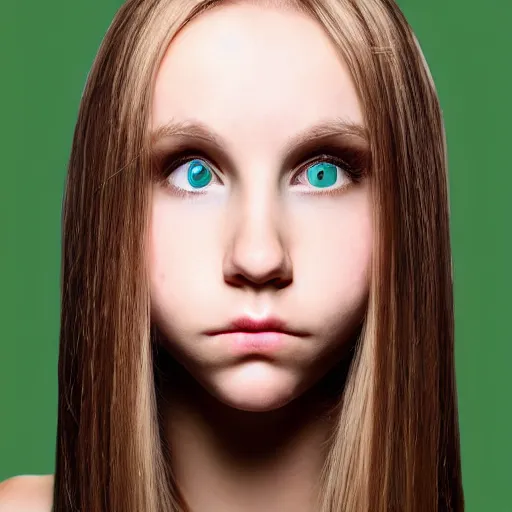 Prompt: brunette with dyed blonde hair, 15 years old, 155 cm tall, long flat hair, blonde, green big eyes, small nose, small mouth, round shaped face, big forehead, lop eared, full body shot, thin eyebrows, real life photograph