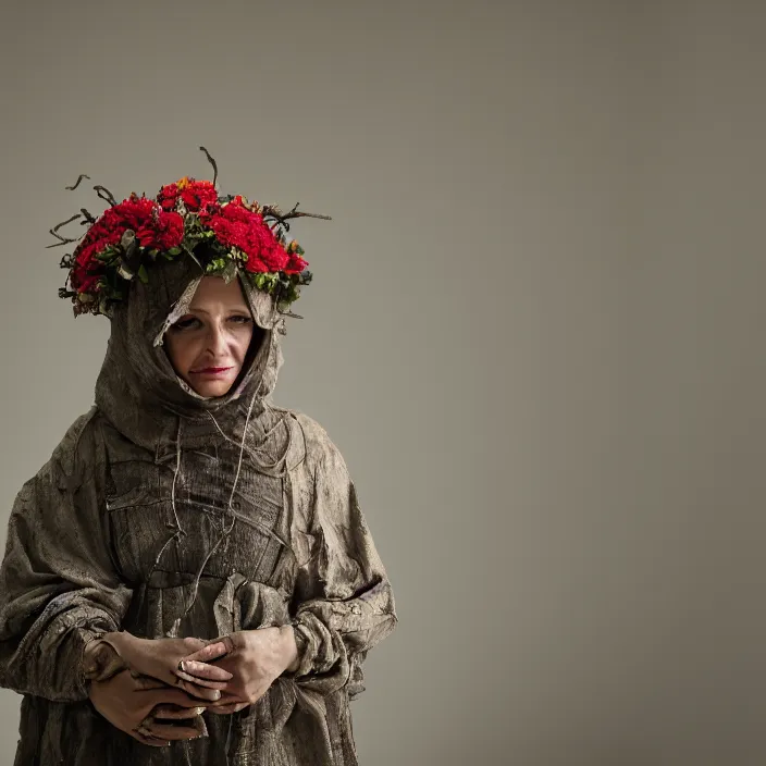 Image similar to a closeup portrait of a woman wearing a hood made of wire and zinnias, in an abandoned office building, by vincent desiderio, canon eos c 3 0 0, ƒ 1. 8, 3 5 mm, 8 k, medium - format print