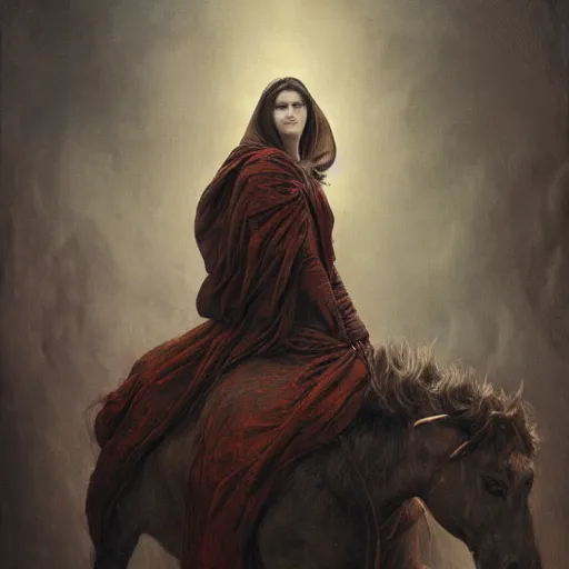 Image similar to a masterpiece! photographic portrait of a a cloaked woman riding the back of a scarlet - colored!! beast!! with seven heads!! and ten horns!! by gustave dore and sam spratt and allen williams, trending on artstation, cgsociety, 8 k hd, earthtone colors,