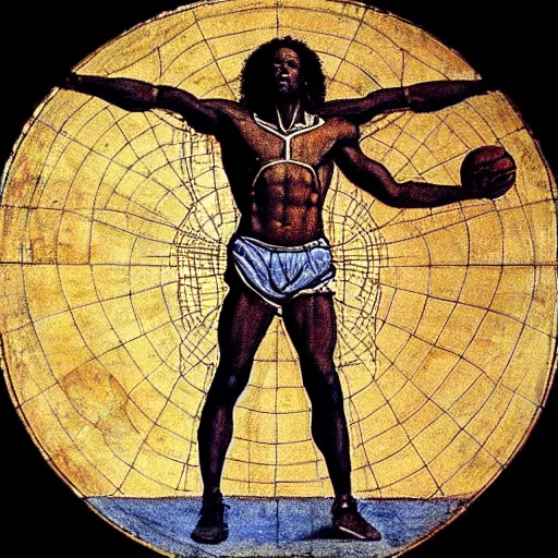 Image similar to Michael Jordan as the Vitruvian Man by leonardo da vinci, detailed, 8k, intricate blueprint