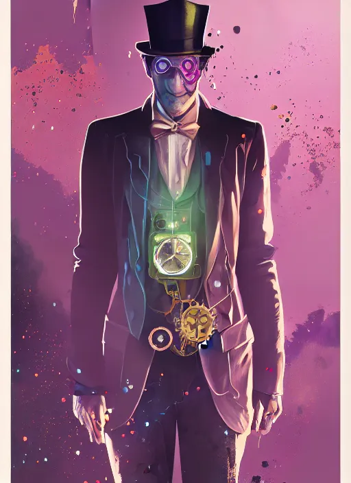 Image similar to arrogant elegant man travels through time via steampunk portals, pixiv fanbox, dramatic lighting, maximalist pastel color palette, splatter paint, pixar and disney exploded - view drawing, graphic novel by fiona staples and dustin nguyen, peter elson, alan bean, wangechi mutu, clean cel shaded vector art, trending on artstation