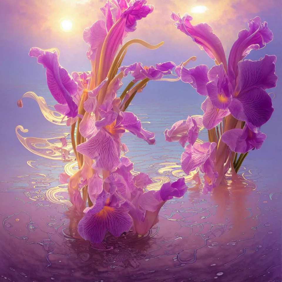 Prompt: detailed giant pastel holographic orchid iris hybrid flower surrounded by ocean waves, lsd water, lsd ripples, droplets, backlit, sunset, refracted lighting, art by collier, albert aublet, krenz cushart, artem demura, alphonse mucha