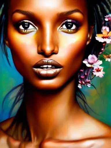 Prompt: portrait of jasmine tookes with a floral background : : painted by artgerm, karol bak, artur bordalo, sandra chevrier : : portrait, character, illustration, hyperrealism, photorealism