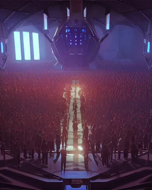 Prompt: scifi movie scene unreal engine 5 render of a crowd in a futuristic church by craig mullins and ghibli, strong contrast, priest, pews, ethereal, inviting, bright, raking light, hyper realism, realistic shading, cinematic composition, blender render, octane render, hdr, detailed textures, photorealistic, wide shot