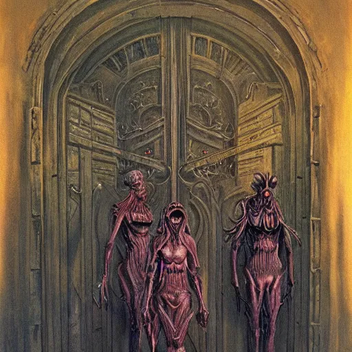 Image similar to painting of otherworldly creatures standing in front of a mysterious gate, by wayne barlowe