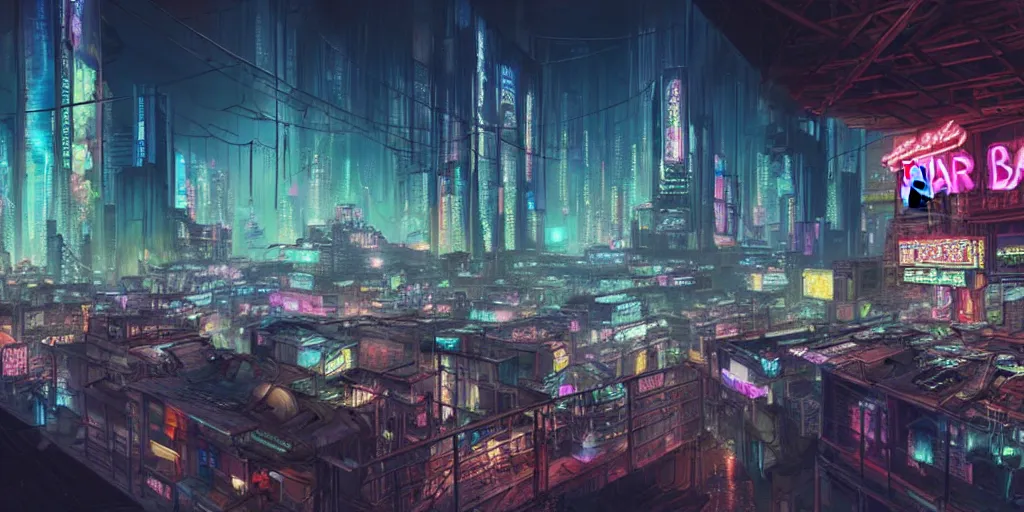 Prompt: an intricate concept art of a party bar on top of a building inside a megastructure city overviewing destroyed city, cyberpunk neon light district, sci-fi, cinematic lighting, hyper realistic, art by dylan cole, detailed matte painting, digital art, sci-fi film color palette