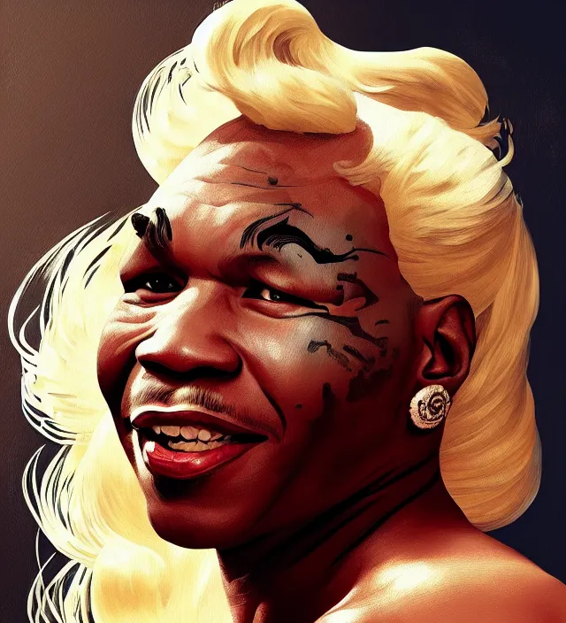 Prompt: portrait of mike tyson as a young marilyn monroe, elegant, flat lighting, intricate, highly detailed, digital painting, artstation, concept art, smooth, sharp focus, illustration, closeup, misa amane, art by simon bisley and greg rutkowski and alphonse mucha, novel cover