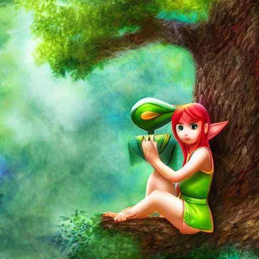 Image similar to Saria sits on a tree, Digital art, beautiful, ocarina of time