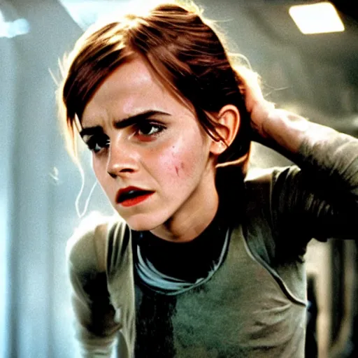 Prompt: film still of Emma Watson as Ripley in chest buster scene in Alien 1979, 4k