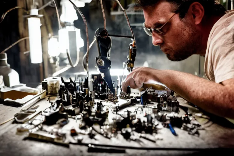 Image similar to cinematography closeup portrait of a Man soldering repairing robot parts in his garage by Michael Bay