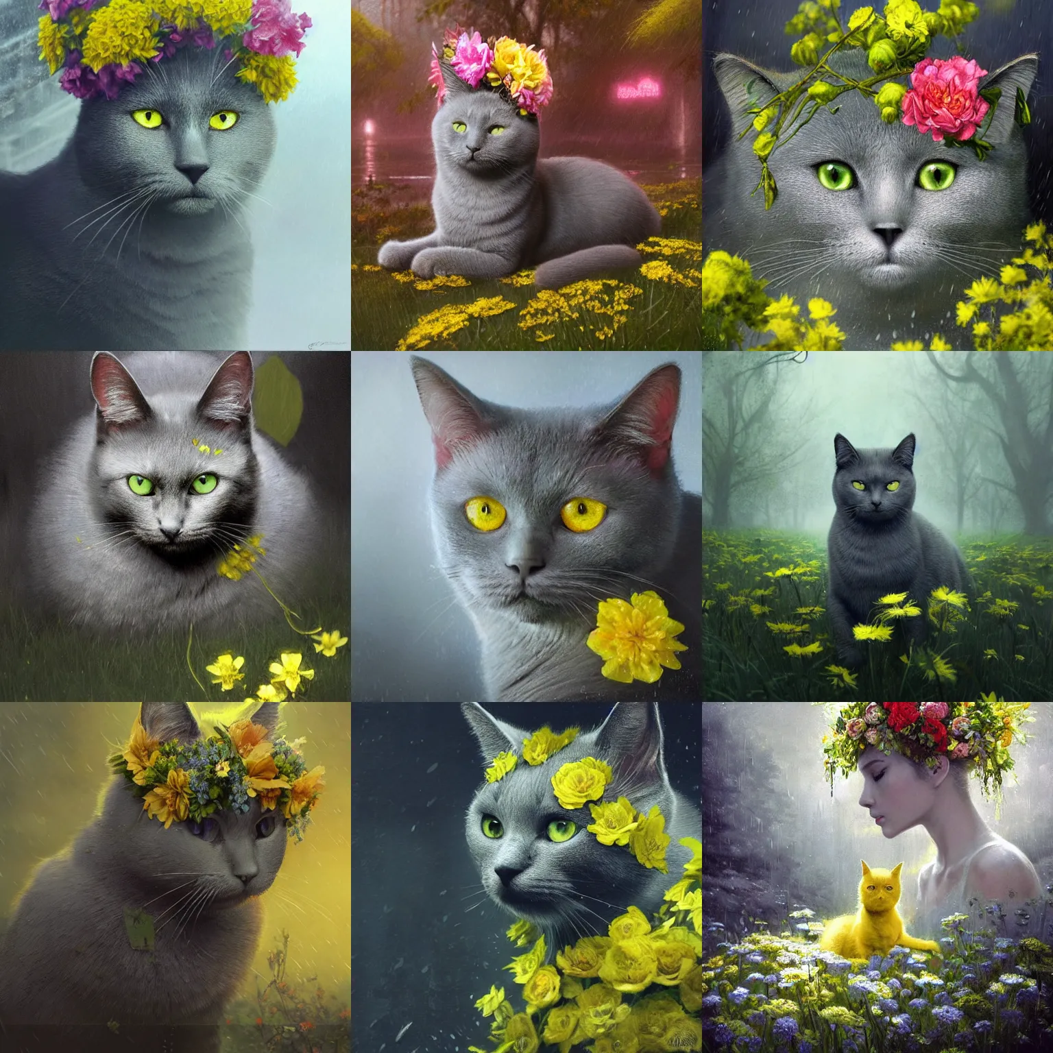 Prompt: a beautiful chartreux cat with flowers around its head!!!, rainy, dreamlike art, mist, realistic shaded, fine details, 4 k realistic, cryengine, realistic shaded lighting poster by greg rutkowski, magali villeneuve, artgerm, jeremy lipkin and michael garmash and rob rey