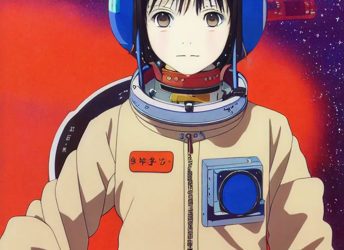 Prompt: anime portrait of a young astronaut girl, kyoto animation, last exile, blue submarine no. 6, katsura masakazu, tsutomu nihei, gustav klimt, loish, murata range, kawaii, manga, bright colors, beautiful, vibrant, gradation, jean giraud, moebius, fantasy