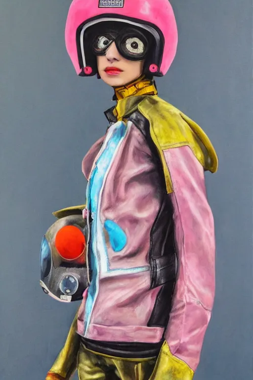 Prompt: a character wearing a diy! costume leather jacket, punk, with pastel colored details and a transparent helmet, full body, muted colors, vivienne westwood, nausicaa, hyper real acrylic painting