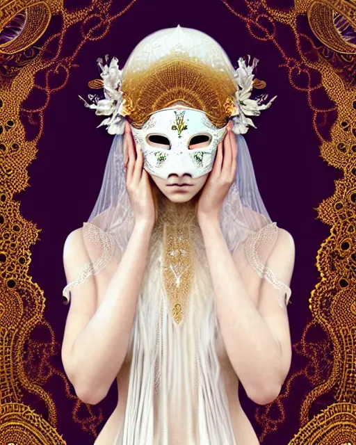 Image similar to beautiful ethereal maiden in a ivory masquerade mask intricate ornate fractal-lace and gemstones, wearing stunning ivory dress, ivory gold iridescent, full view, soft lighting, vivid, Hyperdetailed, 4k hd matte painting by Artgerm, Greg Rutkowski, Klimt, James Jean, 8k resolution, enchanting and otherworldly, Artstation, CGsociety, detailed, front view