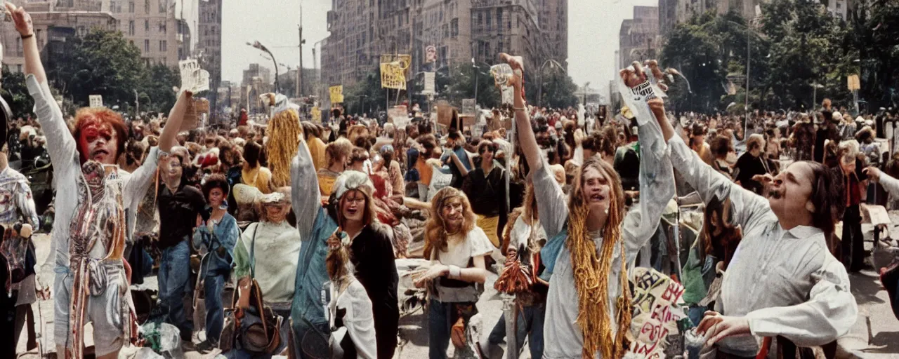 Image similar to hippies protesting spaghetti, 1 9 6 0's, high detail, canon 5 0 mm, wes anderson film, kodachrome