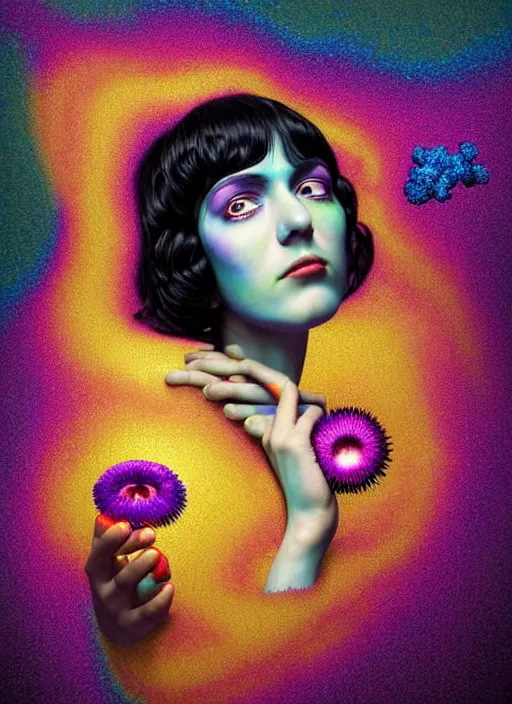 Image similar to hyper detailed 3d render like a Oil painting - Ramona Flowers with wavy black hair wearing thick mascara seen Eating of the Strangling network of colorful yellowcake and aerochrome and milky Fruit and Her staring intensely delicate Hands hold of gossamer polyp blossoms bring iridescent fungal flowers whose spores black the foolish stars by Jacek Yerka, kawaii ,Mariusz Lewandowski, cute silly face, Houdini algorithmic generative render, Abstract brush strokes, Masterpiece, Edward Hopper and James Gilleard, Zdzislaw Beksinski, Mark Ryden, Wolfgang Lettl, Dan Hiller, hints of Yayoi Kasuma, octane render, 8k