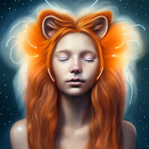 Image similar to Portrait of a girl angel with pale orange colored frizzy strands of illuminated hair, cat ears on her head, glowing halo, Lion's Mane, Cosmic, Lion's Gate, 8/8, fantasy, intricate, elegant, highly detailed, digital painting, artstation, concept art, smooth, sharp focus, illustration, art by Krenz Cushart and Artem Demura and alphonse mucha