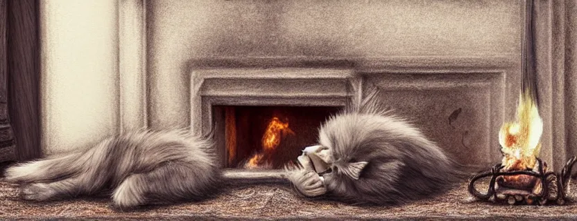 Image similar to a beautiful hairy cat sleeping next to a skull on an old carpet next to a burning fireplace, livingroom with windows and door, night time, 4K, photorealistic, cinematic, moody fireplace lighting, UHD, HDR