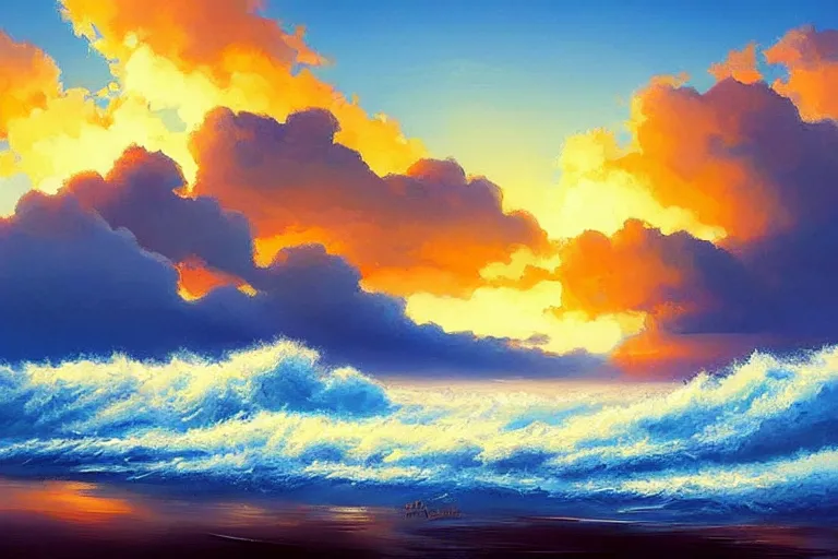 Image similar to a beautiful nature landscape with abstract beautiful clouds, ocean waves, sunset, by rhads