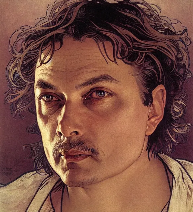 Prompt: detailed closeup portrait of viktor orban by alphonse mucha, ayami kojima, yoshitaka amano