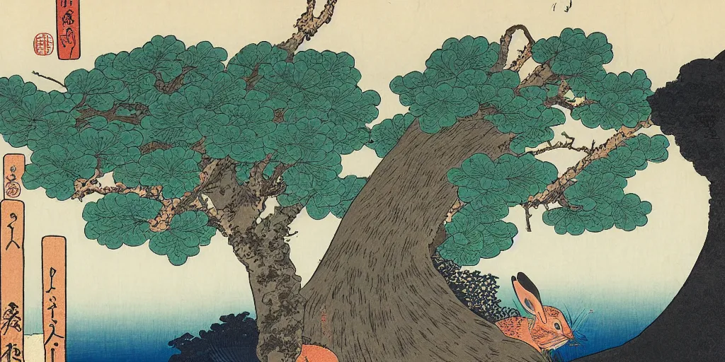 Prompt: ukiyo - e woodblock print of a rabbit on top of a hill, trees in the background, by hokusai