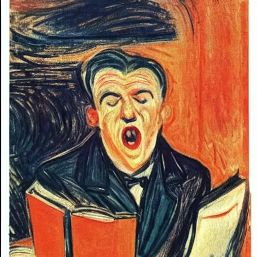 Prompt: a man pulls out his hair while reading a magazine, in the style of screaming, author edvard munch