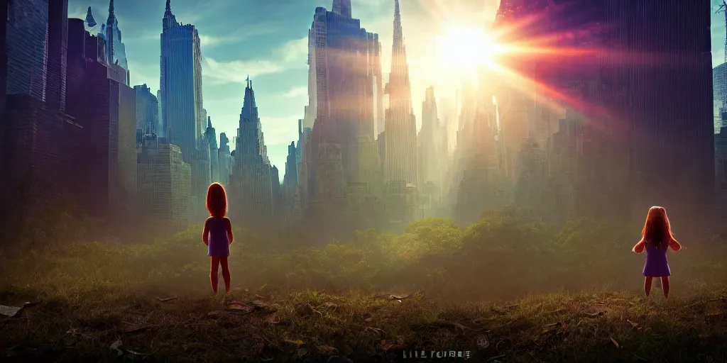 Image similar to textless sci - fi scene future new york cityscape, little girl in manhattan holding hand of giant robot, lonely girl, forest punk, crepuscular rays, epic scene, hyper realistic, photo realistic, overgrowth, cinematic atmosphere, ethereal lighting,